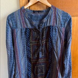 Patterned Blue and Red Women's prana popover blouse, size extra small